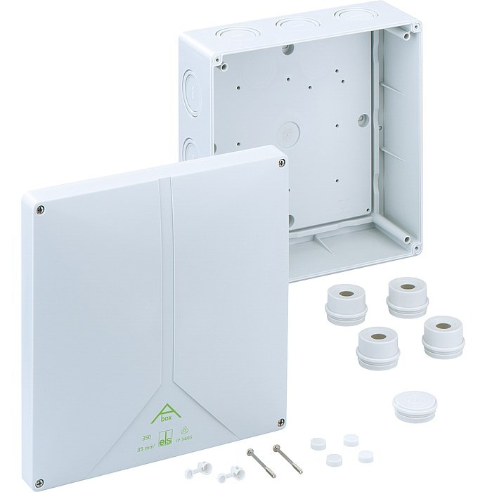 Фото Розподільча коробка Abox 350-L (250х250х115). Ввведеня-14 місць (3-М20/М25, 9-М40/М50, на днищі: 2-М20/М25), IP65